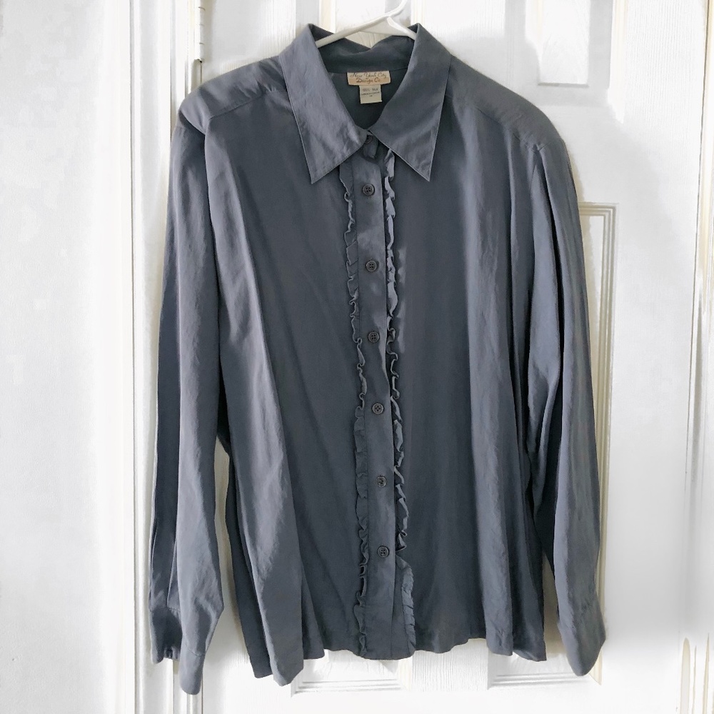 Vintage 100% Silk New York City Design Co Button Down Ruffle Blouse